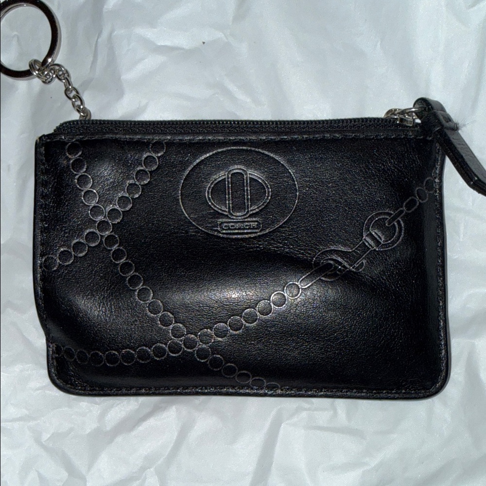 Coach Black Leather Wristlet with Chain Detail